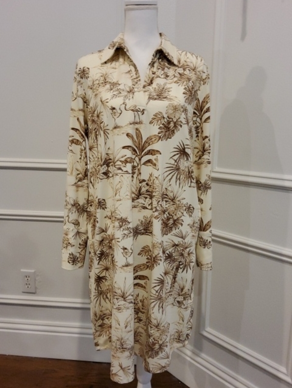 J. McLaughlin Cream and Brown Tropical-Print Long Sleeve Shirt Dress